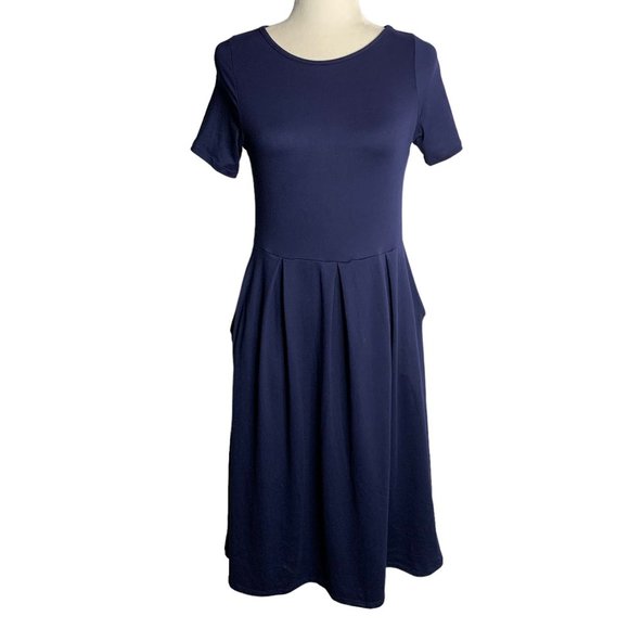 24 Seven Comfort Apparel Pleated Midi Dress S Navy Blue Short Sleeves Pockets - Picture 1 of 6